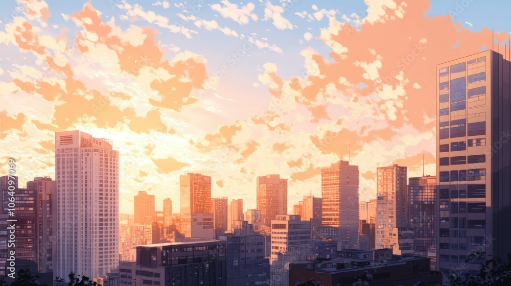 Vibrant urban skyline at sunset with dramatic cloudscape Vibrant urban skyline at sunset with dramatic cloudscape