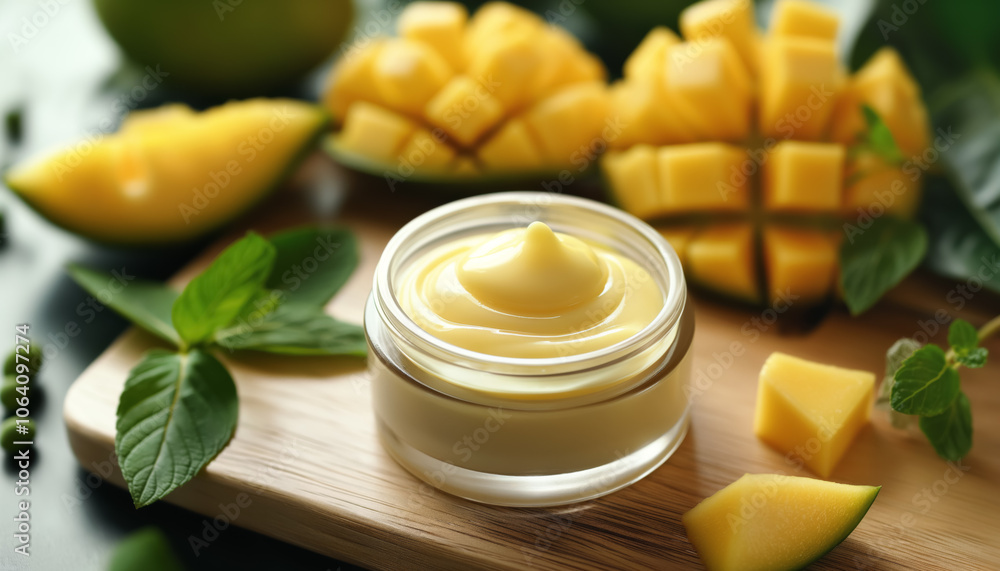 Pale yellow body lotion cream, blurred mango fruits in background. Tropical botanical extracts concept. Generative AI Pale yellow body lotion cream, blurred mango fruits in background. Tropical botanical extracts concept. Generative AI
