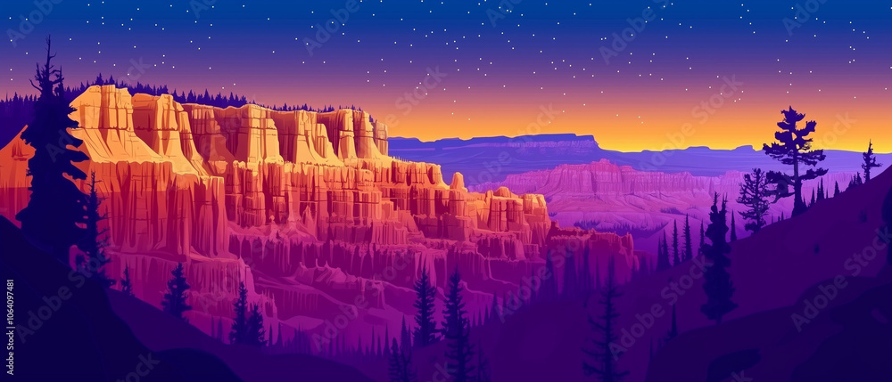 Illustration vectorielle d'un canyon en art numérique avec reliefs et couleurs vives Illustration vectorielle d'un canyon en art numérique avec reliefs et couleurs vives