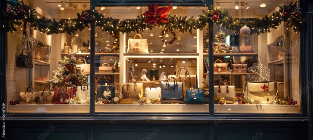Luxury Holiday Boutique Window Display Featuring Handbags, Jewelry, and Festive Decorations Luxury Holiday Boutique Window Display Featuring Handbags, Jewelry, and Festive Decorations