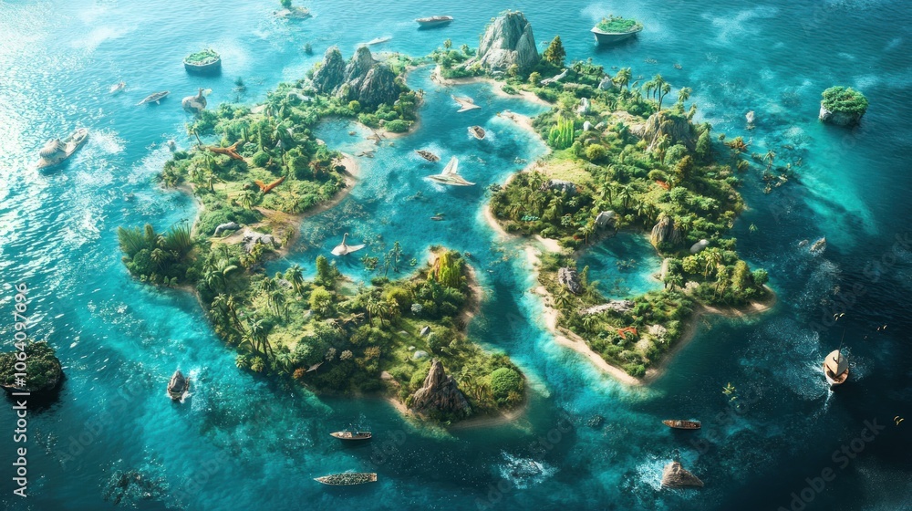 Obraz premium A lush tropical island with dinosaurs and boats surrounding it, rendered in a 3D style with a bright blue ocean and clear sky.