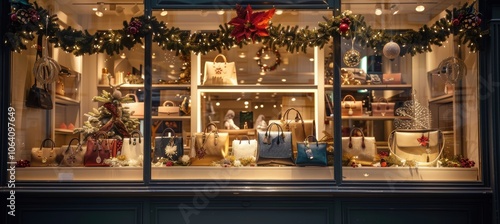 Luxury Holiday Boutique Window Display Featuring Handbags, Jewelry, and Festive Decorations