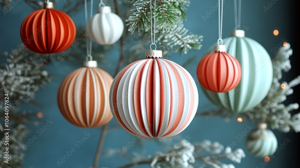 Hanging baubles of red, white, and green with stripes adorn a frosty tree branch. Concept of festive decoration and seasonal celebration. Hanging baubles of red, white, and green with stripes adorn a frosty tree branch. Concept of festive decoration and seasonal celebration.