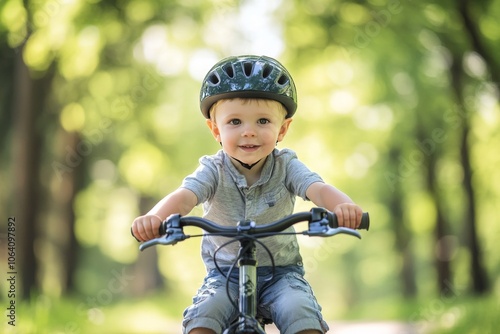 A young boy s first bicycle ride  capturing the joy and excitement of new adventures photo