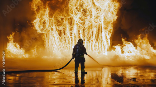 a firefighter standing in front of a towering wall of flames, holding a hose and dousing the fire with determination photo