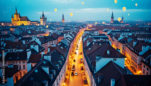 Aerial view of the Copenhagen skyline at night, with white pins on it representing buildings,  European old town, illuminated streets, rooftops, location pins