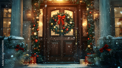 Wallpaper Mural A beautifully adorned front door featuring a holiday wreath and festive decorations, set against a snowy backdrop, creating a warm, inviting atmosphere during winter. Torontodigital.ca