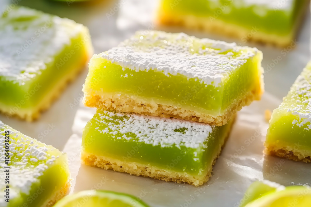 Lime-flavored dessert bars dusted with powdered sugar Lime-flavored dessert bars dusted with powdered sugar