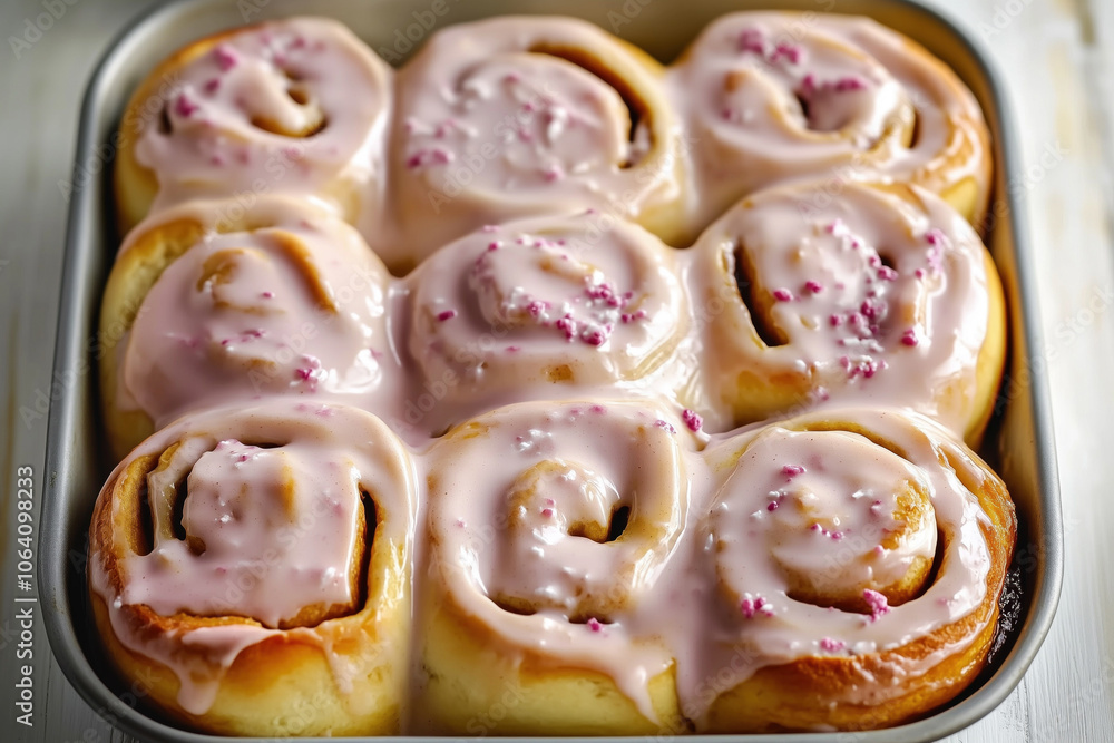 Pink-iced cinnamon rolls in a baking tray Pink-iced cinnamon rolls in a baking tray