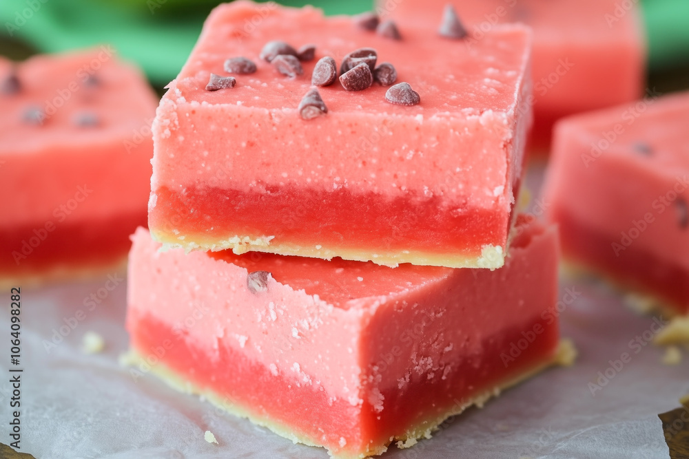 Chocolate chip-studded watermelon fudge pieces Chocolate chip-studded watermelon fudge pieces
