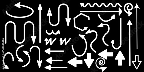 Set of white straight and curved arrows isolated on the dark background