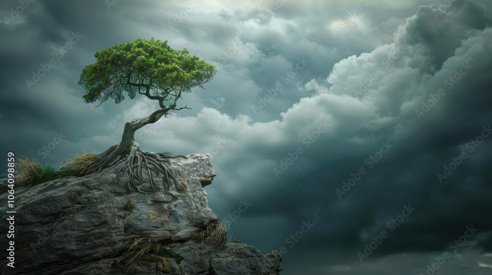 Perseverance and Strength: Lone Tree with Deep Roots on Cliff Against Stormy Skies Perseverance and Strength: Lone Tree with Deep Roots on Cliff Against Stormy Skies