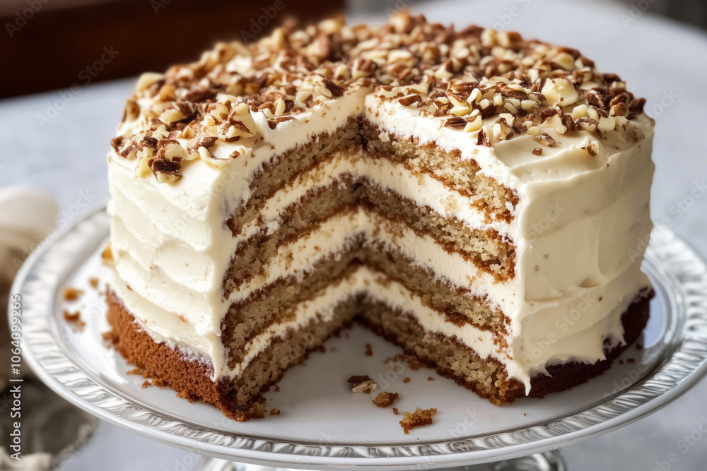 Layered cake with cream frosting and nut topping Layered cake with cream frosting and nut topping