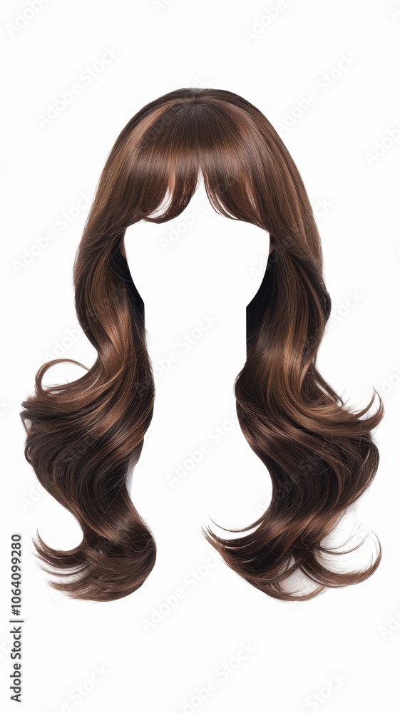 Wavy dark brown hair extensions with bangs on mannequin head display Wavy dark brown hair extensions with bangs on mannequin head display