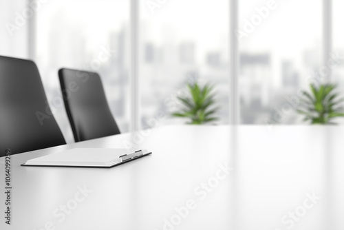Wallpaper Mural A modern conference room with a sleek table, two black chairs, and a clipboard on the table. The background features large windows with a blurred cityscape and green plants. Torontodigital.ca