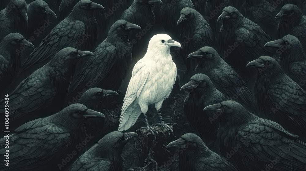 Fototapeta premium A striking image of a white crow standing out among black crows, symbolizing nonconformity, individuality, and the courage to stand apart from the crowd