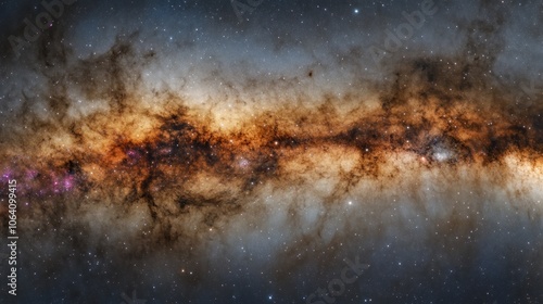 A stunning panoramic view of the Milky Way galaxy, showing its swirling arms of gas and dust.