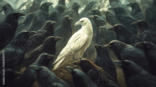 A striking image of a white crow standing out among black crows, symbolizing nonconformity, individuality, and the courage to stand apart from the crowd photo