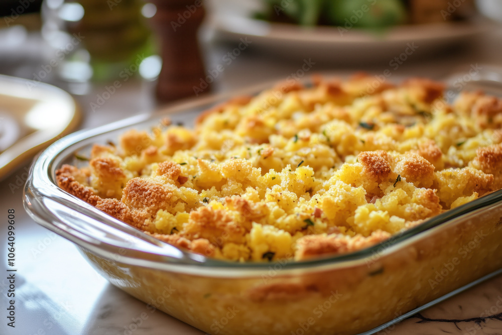 Traditional cornbread dressing with golden crust Traditional cornbread dressing with golden crust