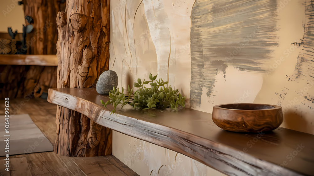 Stylish interior featuring a rustic wooden shelf with a decorative bowl, smooth stone, and greenery, creating a serene and natural atmosphere in a modern space. Stylish interior featuring a rustic wooden shelf with a decorative bowl, smooth stone, and greenery, creating a serene and natural atmosphere in a modern space.
