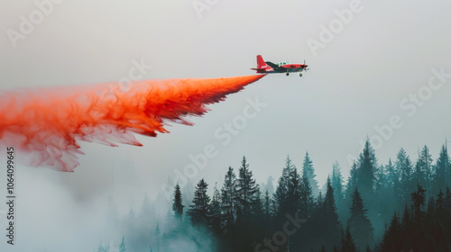 a firefighting plane dropping fire retardant over a forest, helping contain a fast-spreading wildfire