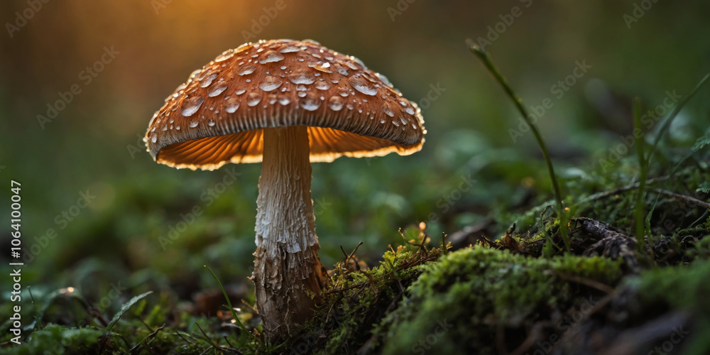 Fototapeta premium A vibrant orange mushroom covered in dew rises among lush green moss at dawn in a tranquil forest setting