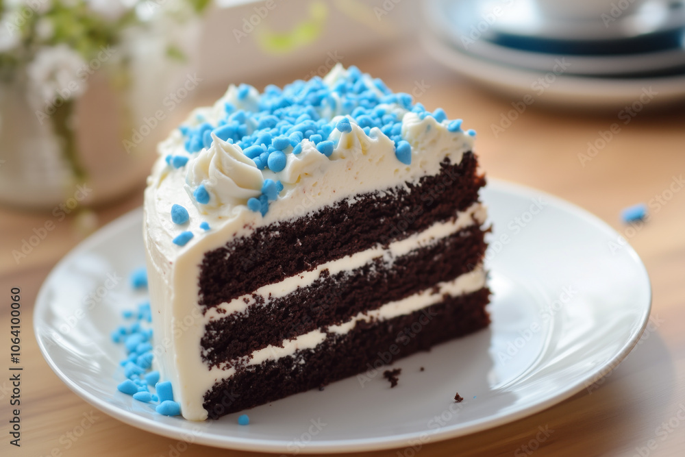 Chocolate cake slice with blue sprinkles Chocolate cake slice with blue sprinkles