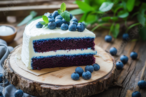 Blueberry-topped velvet cake slice on rustic board