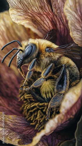 Detailed close-up of a bee nestled within the petals of a flower, perfectly capturing nature's beauty and the vital ecosystem role of bees in maintaining biodiversity. photo