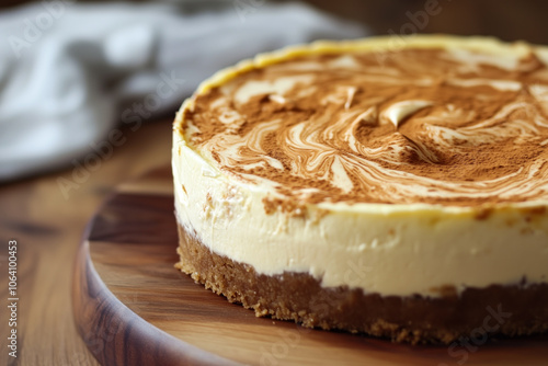 Peanut butter marble cheesecake with a swirl pattern