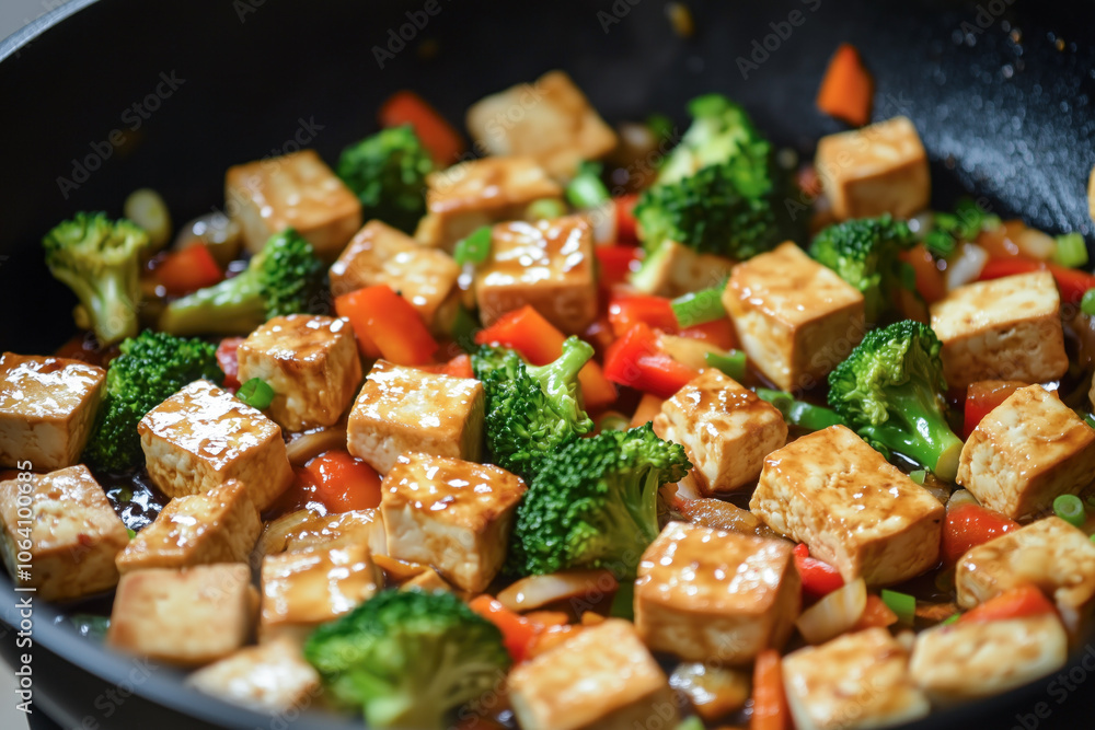 Colorful vegetable stir-fry with tofu in skillet Colorful vegetable stir-fry with tofu in skillet