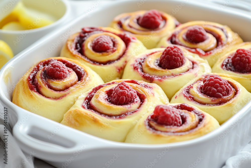 Freshly baked raspberry sweet rolls in white dish Freshly baked raspberry sweet rolls in white dish