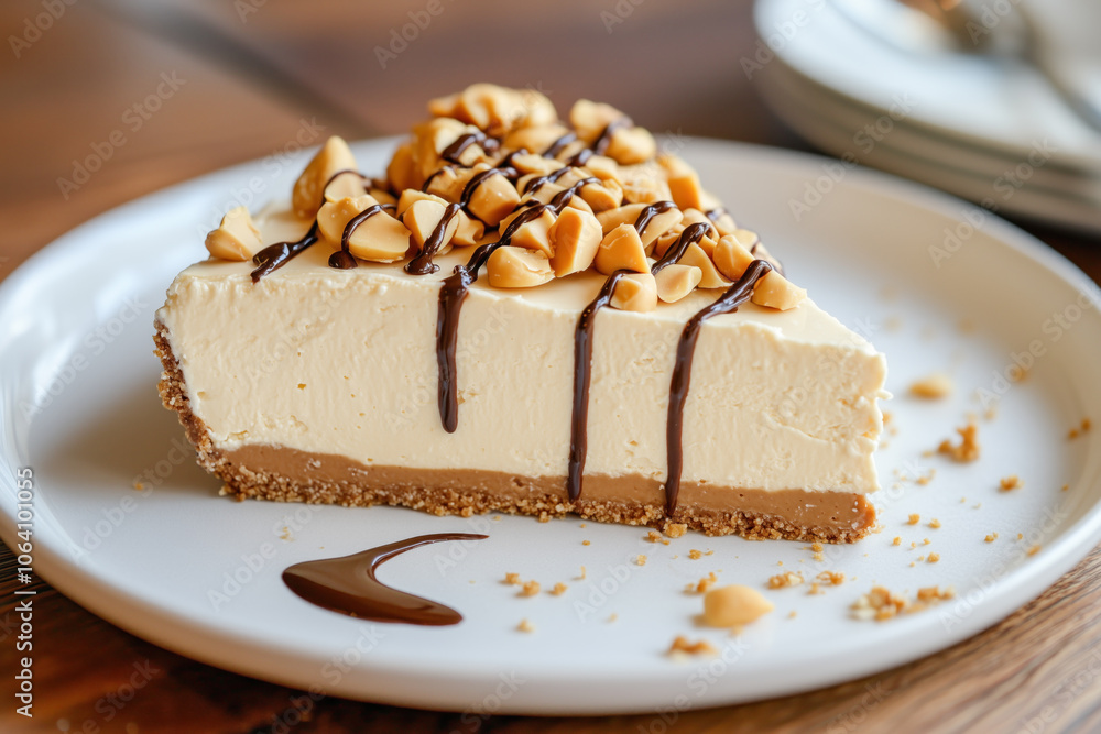 Peanut butter cheesecake slice with chocolate drizzle Peanut butter cheesecake slice with chocolate drizzle
