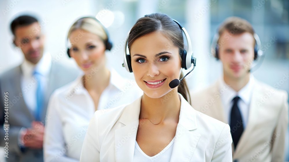 A professional call center team, featuring a smiling woman in a headset, exuding friendliness and teamwork in a modern office environment. A professional call center team, featuring a smiling woman in a headset, exuding friendliness and teamwork in a modern office environment.