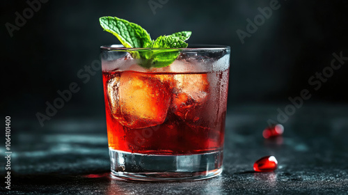 A warm glass of pomegranate tea with fresh mint leaves floating on top