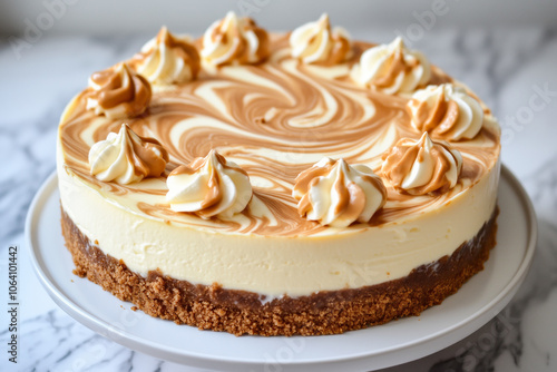 Swirled caramel cheesecake with whipped cream dollops