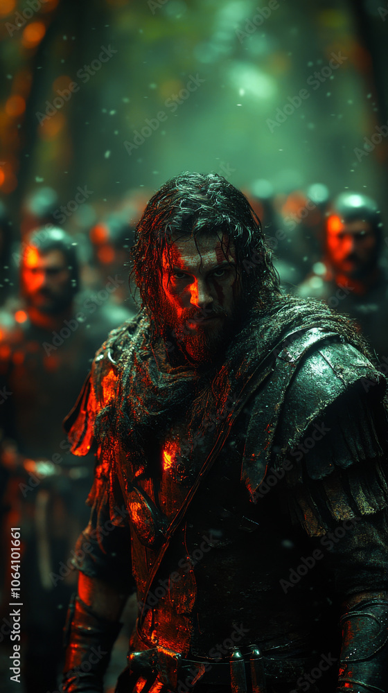 A group of Gallic warriors ambushing a Roman patrol in a dense forest. A group of Gallic warriors ambushing a Roman patrol in a dense forest.