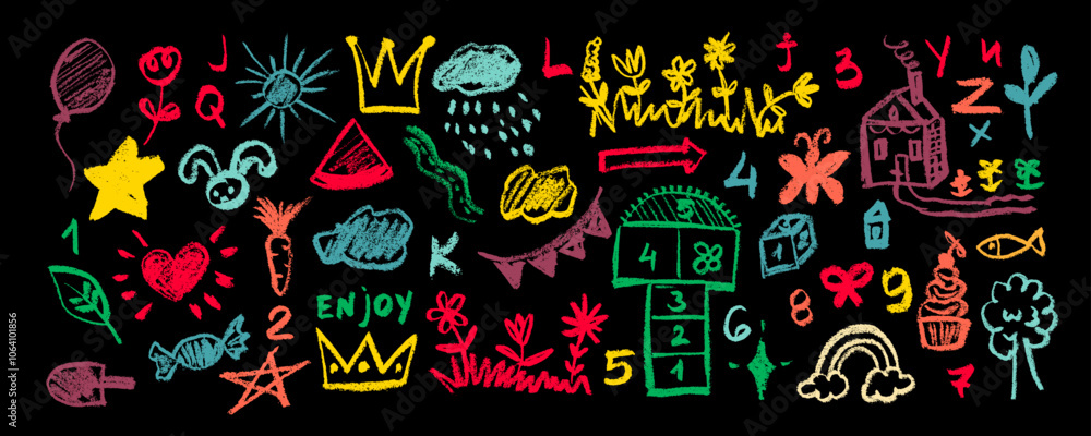 Fototapeta premium Cute kid illustration with colorful silhouettes flowers, cloud, crown, stars, summer . Hand drawn doodle sketch cute vector school chalk background. Kids pattern in style doodle, hand drawn crayon. 