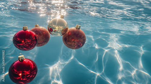 Red and golden Christmas ornaments floating in clean blue water