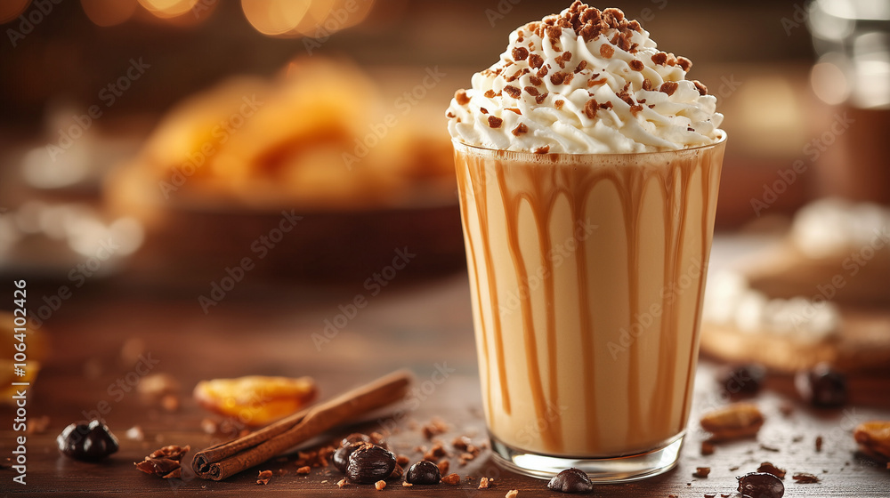 Delicious vanilla latte topped with whipped cream and chocolate shavings in glass Delicious vanilla latte topped with whipped cream and chocolate shavings in glass
