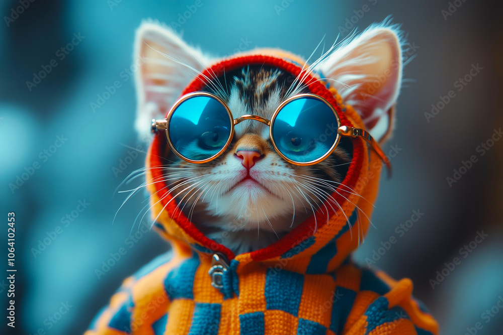 Fototapeta A kitten wearing a checkered hoodie and sunglasses