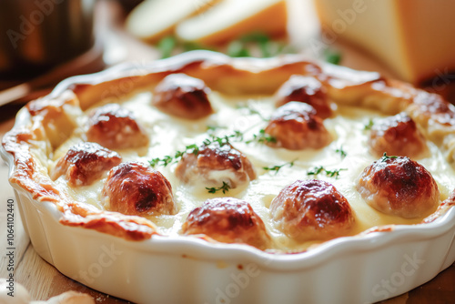 Meatball and cheese casserole with herb garnish