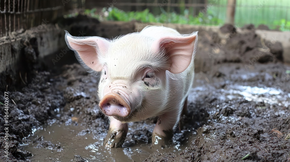 A charming piglet playing in a muddy pen A charming piglet playing in a muddy pen