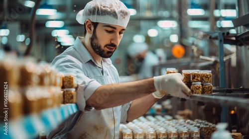 A focused food processing plant worker ensuring the quality of packaged foods before they leave the production line photo