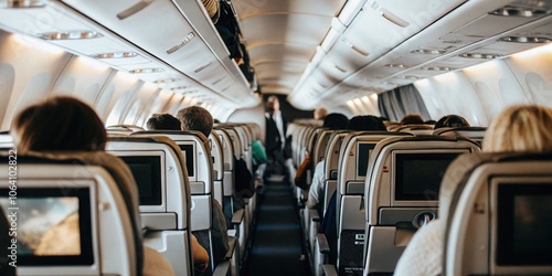 Interior View of Commercial Airplane Cabin with Passengers