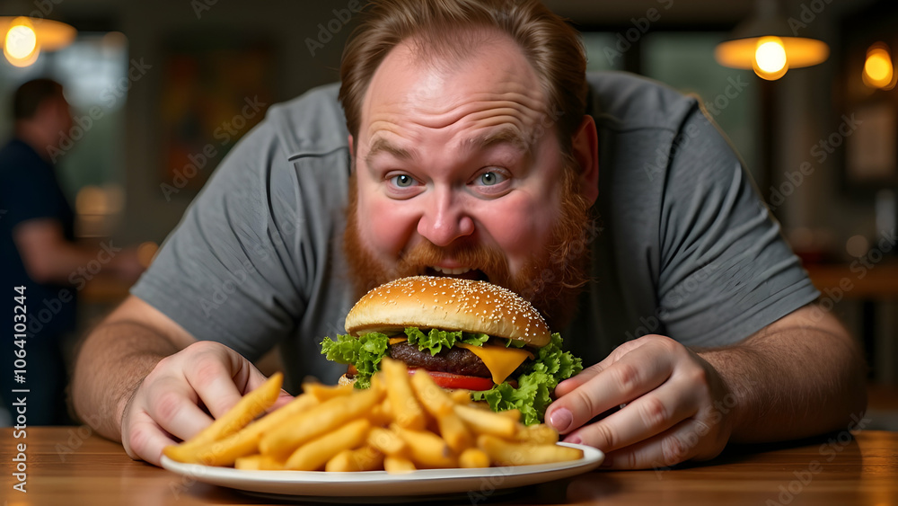 Fat man eating tasty burger Fat man eating tasty burger