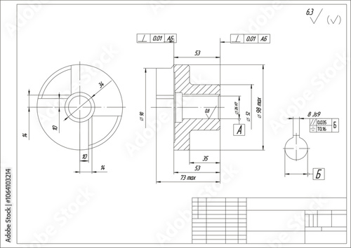 Assembly drawing of clutch of electrical reducer.
Vector design of steel mechanical device with dimension lines.
Engineering technic cad scheme on white
paper sheet. Hand drawn pencil sketch.