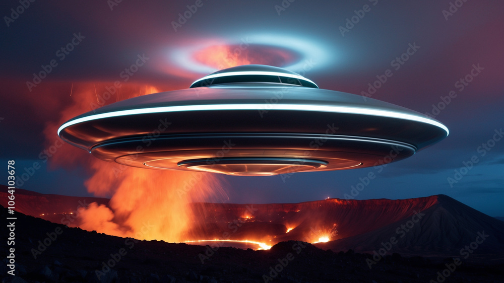 UFO hovers above a raging volcano, its metallic surface reflecting the fiery eruptions below. The sleek, otherworldly craft emits a soft, pulsating light, casting an eerie glow upon the volcanic lands UFO hovers above a raging volcano, its metallic surface reflecting the fiery eruptions below. The sleek, otherworldly craft emits a soft, pulsating light, casting an eerie glow upon the volcanic lands