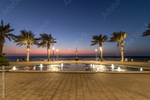 Night view of corniche promenade in Jeddah, Saudi Arabia