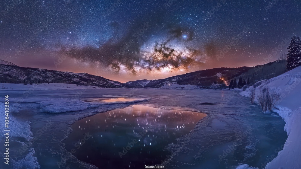 A breathtaking view of the Milky Way galaxy reflected in a frozen lake, with snow-capped mountains in the background and a starry sky above. A breathtaking view of the Milky Way galaxy reflected in a frozen lake, with snow-capped mountains in the background and a starry sky above.